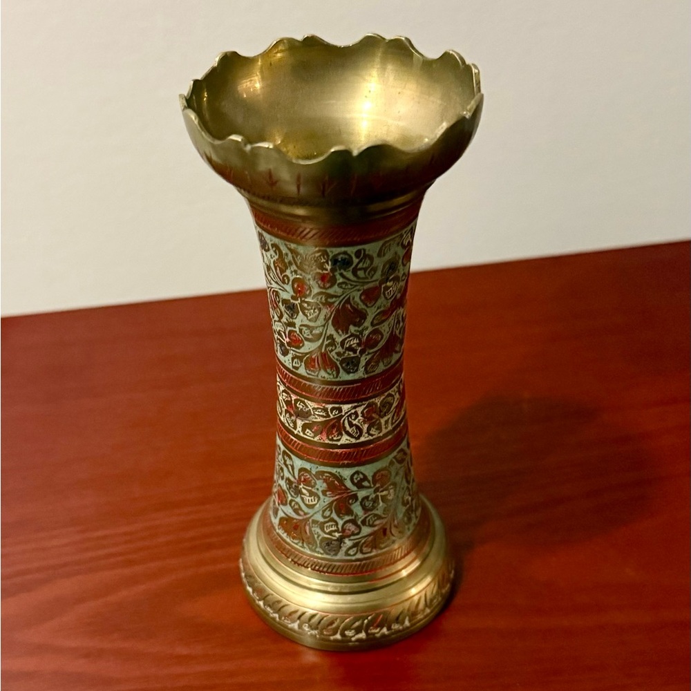 Vintage Etched Brass Vase Small Floral Engraved Painted made in India.